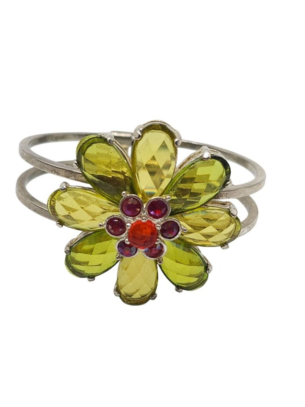 Flower Shaped Plastic Rhinestone Bracelet Green Red Accents Silver Tone